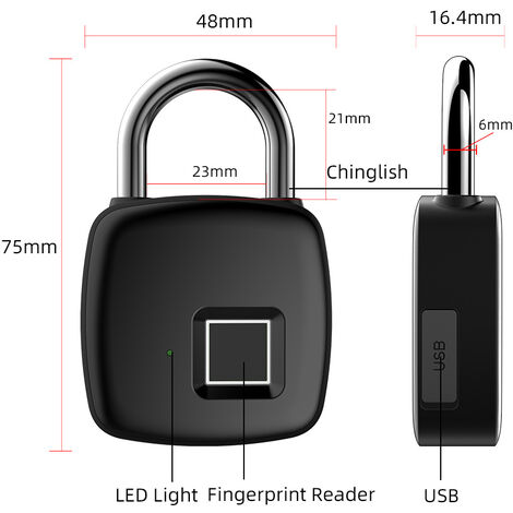 Cadenas Empreinte Digital (10 utilisateurs) - Serrure antivol Batterie de  Chargement USB LED Fermeture Cadenas Portable Étanche