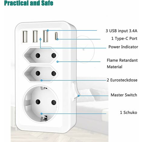 Multiprise avec Interrupteur Individuel, Prise Multiple USB C Electrique  Murale avec 4 Prises et 3 Chargeur Adaptateur Standard Euro Câble Court  0.1M,Blanc : : Bricolage
