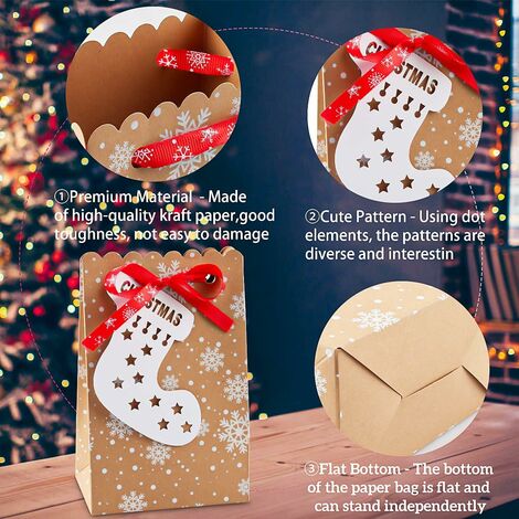 Boîte Cadeau de Noël, 24 Pochette Cadeau Noel, Sac Cadeau de Noël, Sachet  Emballage Noel avec 24 d'Étiquettes Noël et Ruban, Pochette Craft Cadeau  pour Emballer Cadeaux Fournitures de Fête de Noël 