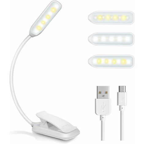 Lampe de Lecture, Liseuse Lampe Clip USB Rechargeable, 3 Modes Protection  des Yeux(Blanc/Chaud/Blanc