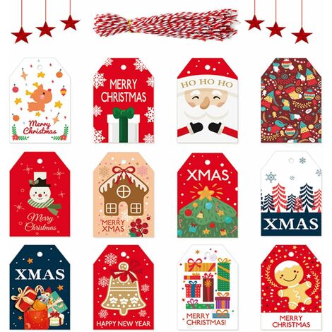 Étiquettes de Cadeau de Noël, Tags, 48 Pièces Étiquettes en Papier de Noël  avec 50 pièces
