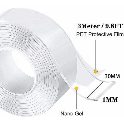 Nano Tape, Ruban Adhésif Double Face Multifonctionnel Nano Antidérapant  Transparent Traceless Double-Face Gel Clear Tape Lavable Réutilisable Ruban  Adhésif Pour Maison2MM×3CM×5M