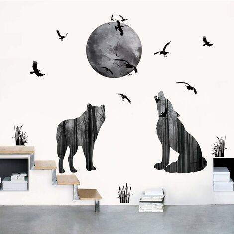 Autocollant mural auto-adhésif en PVC, fille, loup, lune grise