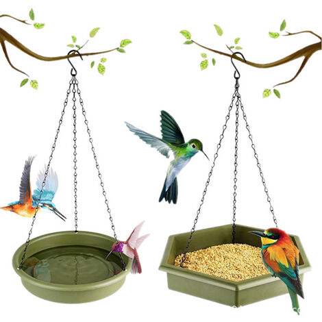Mangeoire Plus Bain d'oiseaux à Suspendre Distributeur de Graines pour  Oiseaux Sauvages Extérieur (Vert)-Macaron