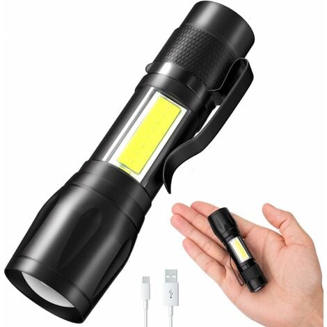 Torche Lampe de Poche, LED USB Rechargeable Ultra Puissante Lampe Torche, 4  Modes IP44 Étanche Militaire Zoomable pour Camping Randonnée