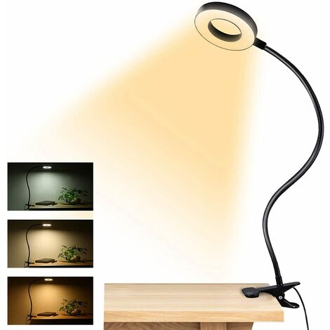 USB Lampe de Bureau à Pince, 3 Modes d’Éclairage &10 Niveaux de Luminosité  Lampe Bureau Led USB, Dimmable USB Clip Lampe de Chevet, Flexible à