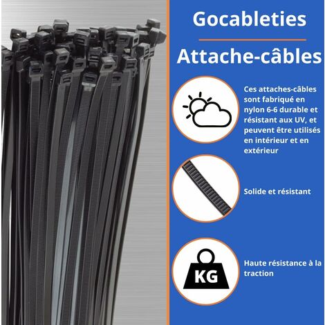 Gocableties - Collier de Serrage en Nylon - 200 mm x 4,8 mm - Noir -  Attache Câble Résistant aux UV - Serre-Câbles - Lot de 100 Pièces :  : Bricolage
