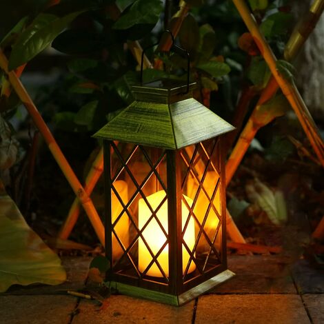 Solaire LED Extérieur Lanterne Effet Feu Jardin Déco Pied Lampe Bougies  Support