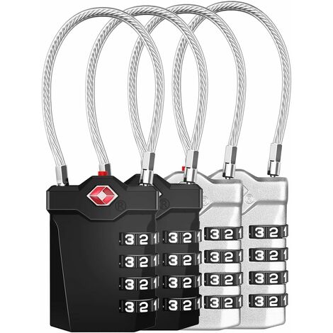 Serrures à bagages,cadenas valise à combinaison à 4 chiffres avec alarme  d'ouverture, cadenas codede câble de casier de gymnastique (4 Pièces, Noir  et