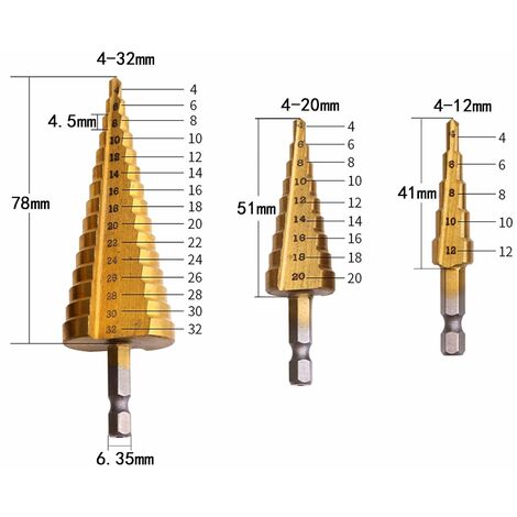 3pcs Foret Fraise Meche Etage,HSS Inox Metal, 4-12/20/32mm, avec Tige  Hexagone