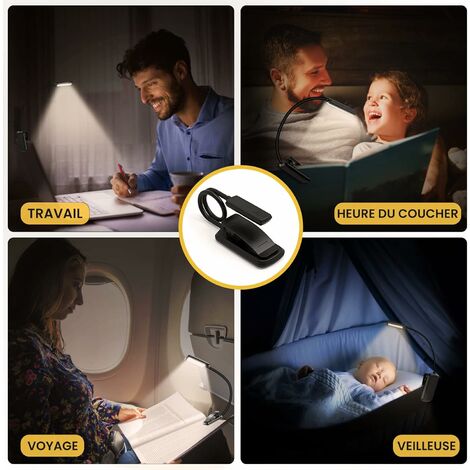 Lampe de Lecture, 9 LEDs Liseuse Lampe Clip USB Rechargeable, 360°Cou  Flexible, 3 Température de Couleur(Blanc/Chaud/Blanc Chaud), Mini Veilleuse  pour Lire au Lit,Enfant,Kindle,Voyage,Camping,- Lefou