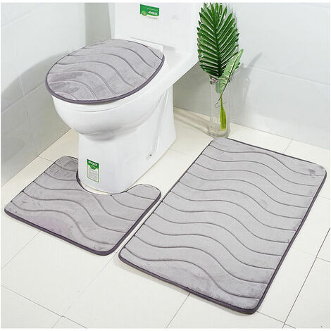 Lot de 2 Tapis Salle de Bain 50 x 80 cm - 45 x 39 cm - Gris Motif de fleurs  vert- Tapis Toilette en Flanelle