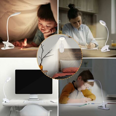 Lampe de Bureau LED sans Fil Rechargeable, 3 Couleur et 3 Intensité  Réglables, Lampe de Chevet USB Tactile avec Pince pour Enfants ,  360°Portable Lampe de Lecture Clipsable [Classe énergétique A+++] 