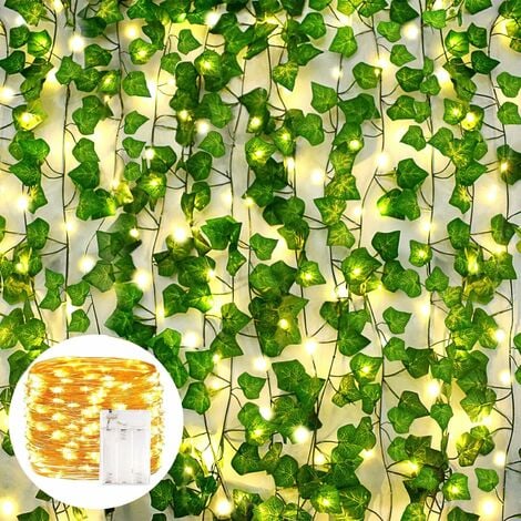 12 Pcs Lierre Artificielle Plantes Guirlande Vigne avec lumière 100 LED,  200cm Exterieur Faux Lierre Artificiel