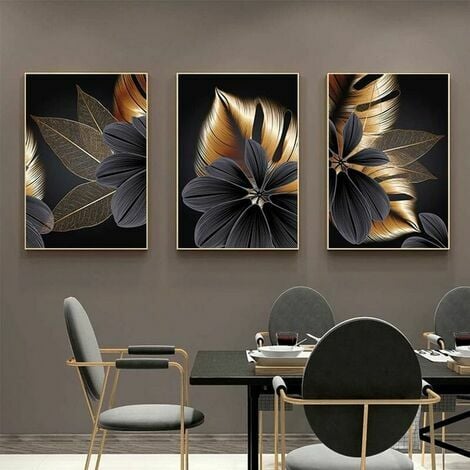 Lot de 3 affiches sur toile - Motif : feuille de plantes - Noir -  Impression moderne - Décoration murale - Peinture