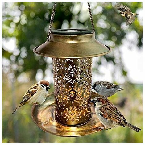 Mangeoires solaires à oiseaux en cuivre robuste à suspendre avec lampe solaire  pour oiseaux sauvages, décoration d'extérieur de jardin et de cour (grand)  : : Terrasse et Jardin