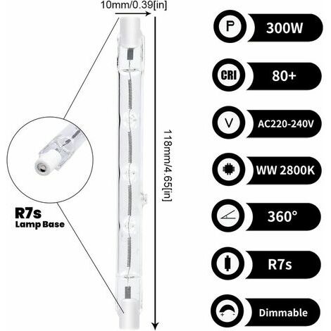 Dimmable R7S 118mm 300W Ampoule Halogène Crayon AC220-240V 5900lm J118  Projecteur Halogène Linéaire(Lot de