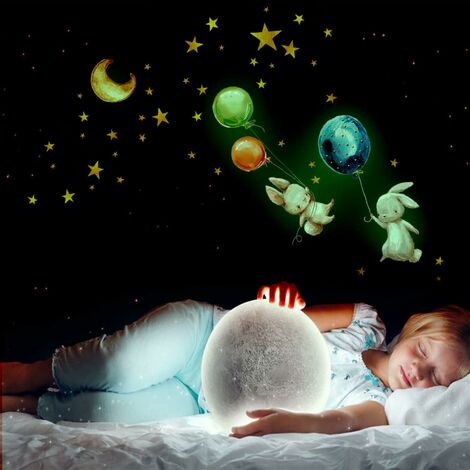 Stickers Muraux Fluorescent Enfants, Lune Étoiles Lapins et Ballons Etoiles  Phosphorescentes Plafond Mural Lumineux Autocollants pour Bébé Chambres d' enfants Plafond Décoration