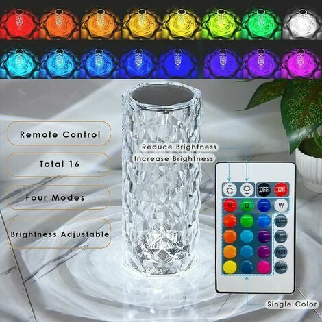 Lampe de Table Cristal Diamant, 16 Couleurs 7 Luminosité Charge USB Lampe  Tactile Veilleuse de Chevet avec Télécommande