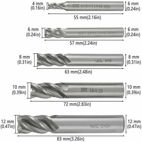 5 pcs Forets en acier rapide HSS, 4/6/8/10/12 mm, 4 Flûte tige