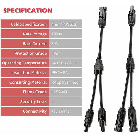 Solaire Panneau Câble Connecteur Professionnel (1 à 2 branches) Y  Connecteurs Câble Solairede Panneau Solaire MMF + FFM Adaptateur Solaire 1  Paire