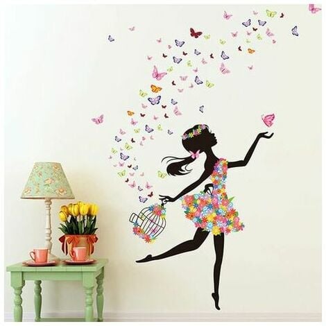 Nouvelle fleur fée fille papillon autocollant mural décalcomanie vinyle  amovible chambre décor Art 