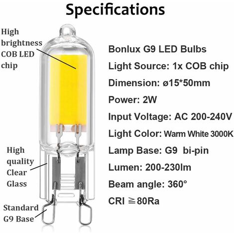 5-pcs 2W G9 Culot Capsules COB LED Ampoule 220V 200 Lumen 10W-20W Ampoule  Halogène équivalent pour Lustre Lampe de Bureau Applique Murale Blanc Chaud  3000K Ternel