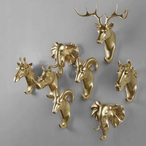 PATERE,Style D Gold--Patère adhésive en forme de tête de cerf pour manteau,  support mural en résine, motif Animal, porte clé en bois