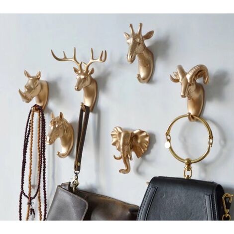 PATERE,Style D Gold--Patère adhésive en forme de tête de cerf pour manteau,  support mural en résine, motif Animal, porte clé en bois