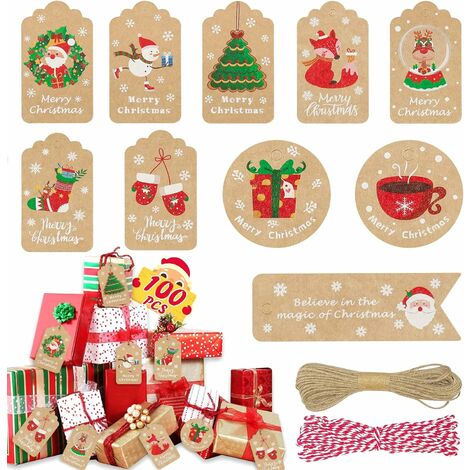 Étiquettes Cadeau Noël Kraft, 100pcs Petites Marron Etiquette Papier Kraft  Noel, Étiquettes de Noël avec 2
