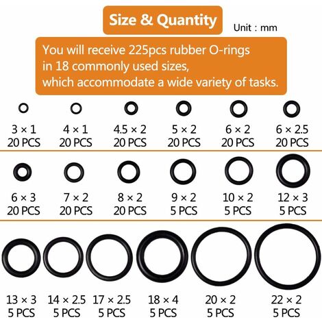 225Pcs Caoutchouc O-Ring Assortiment Joint Torique, Kit 18 tailles