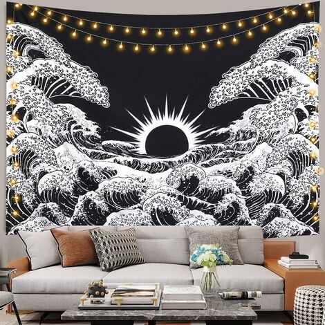 Tapisserie Murale Lune Tissu Murale Nature Decoration Chambre Tenture Murale  Boheme Toile Murale Mandala Psychédélique Tapisserie Japonaise pour Salon  Dortoir (Blanc, 150x200cm) 