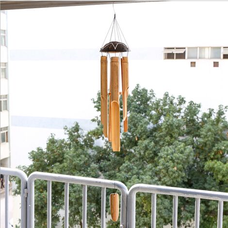 Carillons éoliens en coquille de noix de coco en bambou Carillons éoliens  en bambou d'extérieur pour la décoration de la cour et du jardin Coquille  de noix de coco colorée 5 tubes 