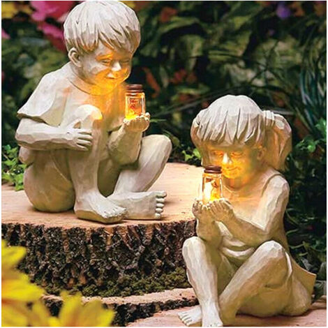 Lot de 2 statues de décoration de jardin pour enfants - Luciole lumineuse à  l'énergie solaire - Pour garçon et fille