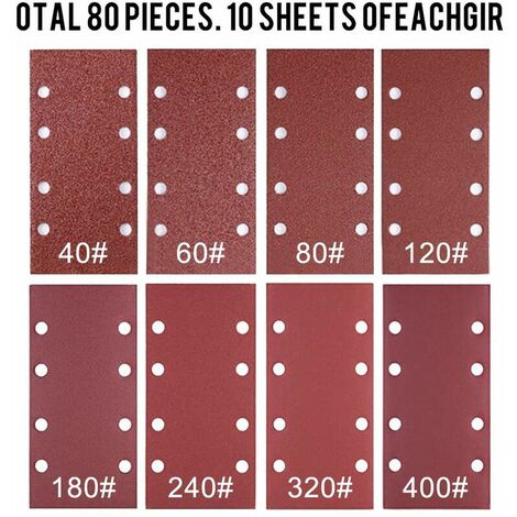 Papier de Verre pour Ponceuse Vibrante 35 Feuilles Papier a Poncer 93x185  mm Papier Abrasif Poncage 8 Trous Crochets et Boucles Grain 40 60 80 120  240