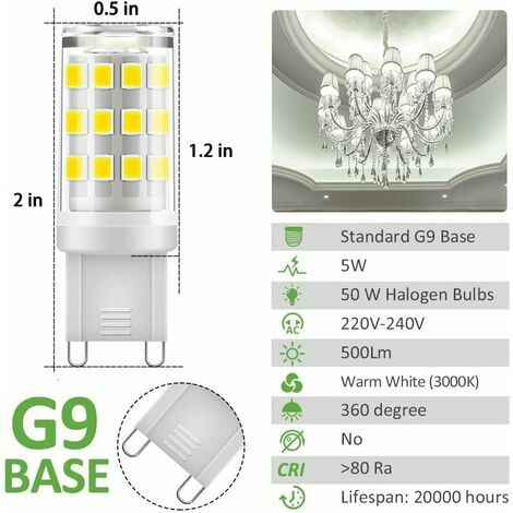 Lot de 10 ampoules LED G9, blanc chaud 3000 K 5 W équivalent à des ampoules  halogènes 40 W 420 lumens non dimmables.