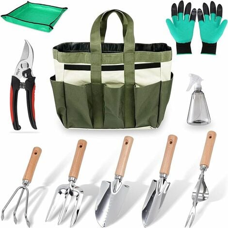 Lot de 10 outils de jardinage en acier inoxydable avec poignée en bois,  cadeau de jardinage pour homme et femme, kit de plantation à main avec  tapis