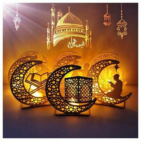 Veilleuse, Fait A La Main 3D En Bois Lune Etoile Led Decor, Decorations De  Lampe Ramadan