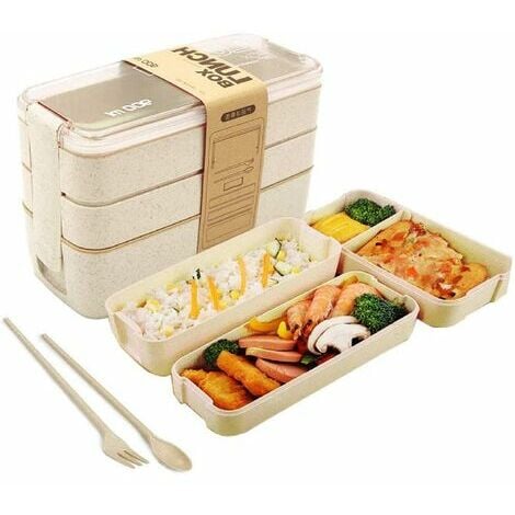 Lunch box, lunch box 3 couches 900ml, bento écologique en paille de blé,  bento avec fourchette