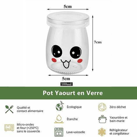 9 Pot Yaourt en Verre avec Couvercles Décor émoticône et Cuillère