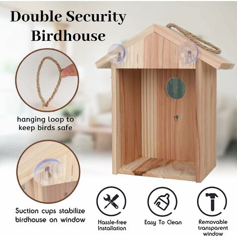 Bird House avec ventouse et longe pour l'extérieur - Cabane à oiseaux en  bois à l'extérieur