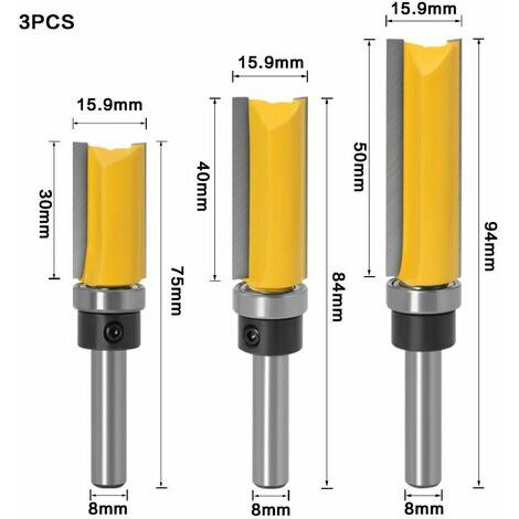 Fraise à affleurer avec roulement supérieur Ø 16 mm - Ø Q8 mm - L