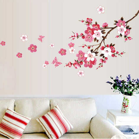 3090cm Stickers muraux avec papillons rose rouge sakura vigne floral  branche arbre autocollant sticker mural pour