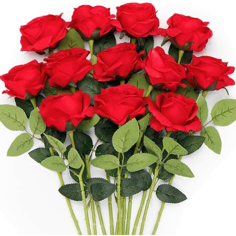 12 pièces Fleurs de Roses artificielles Rouges, Roses en Soie Tige Unique  réaliste Faux Bouquet de