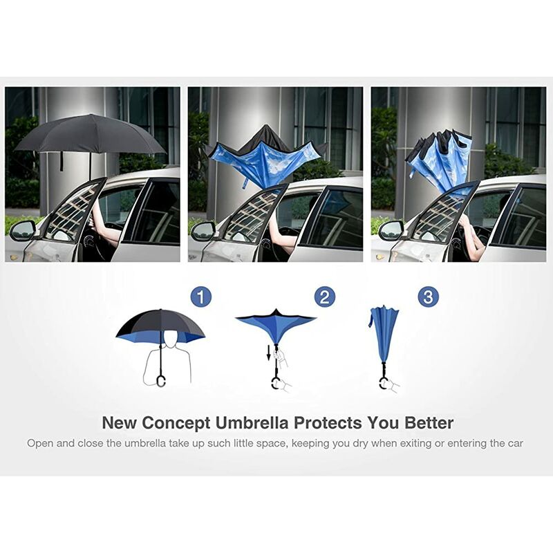 Qiekenao Parapluie inversé inversé coupe-vent et pliable 10 rangées avec bandes réfléchissantes automatique anti-parapluie parapluie inversé 