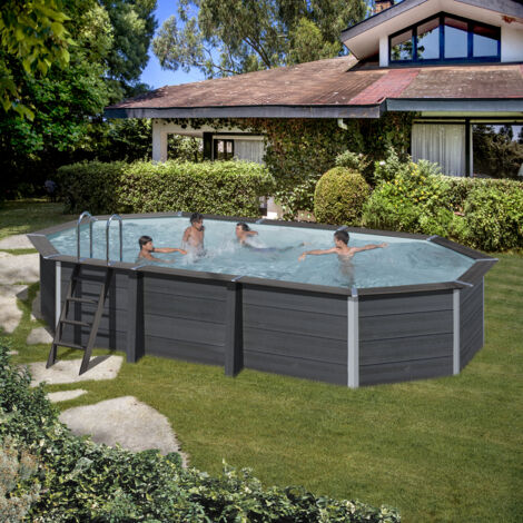 GRE – Piscine hors sol ovale composite 6,64m x 3,86m x H: 1,24m – Volume 21,5m³ – Installation hors-sol ou semi-enterrée – Accessoires inclus
