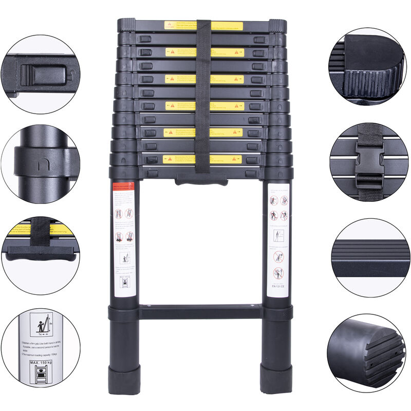 5,0M Scala Telescopica Pieghevole in Alluminio Scaletta Multiuso Capacità  150kg Nero