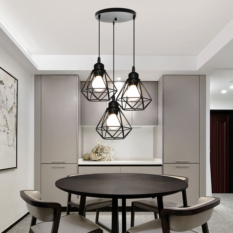 Stoex Lampadari A Sospensione Retrò Nero Plafoniere Industriale Vintage E27 Luce Sospesa A Forma Di 20cm Diamante 3 Portalampada Lampadario A