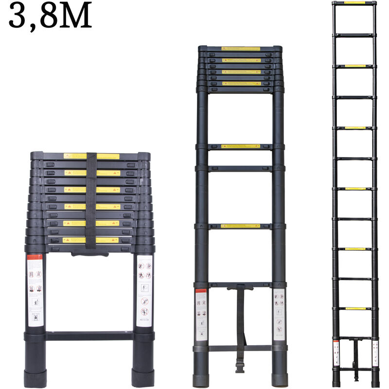 Scala Telescopica Pieghevole, 3.8 Metri Scaletta in Alluminio, Carico di  150 kg (Nero)