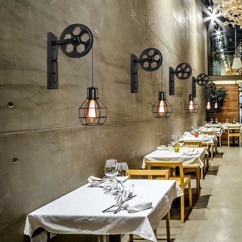 2 Pezzi Retrò Luce a Muro Interno Industriale E27 Lampada a Muro Puleggia  Design per Ristorante Caffetteria Nero